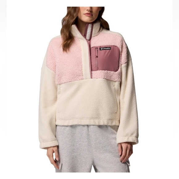 Columbia Women’s XXL Sherpa Fleece Half-Zip Pullover Pink Cream Relax Fit - Picture 10 of 12